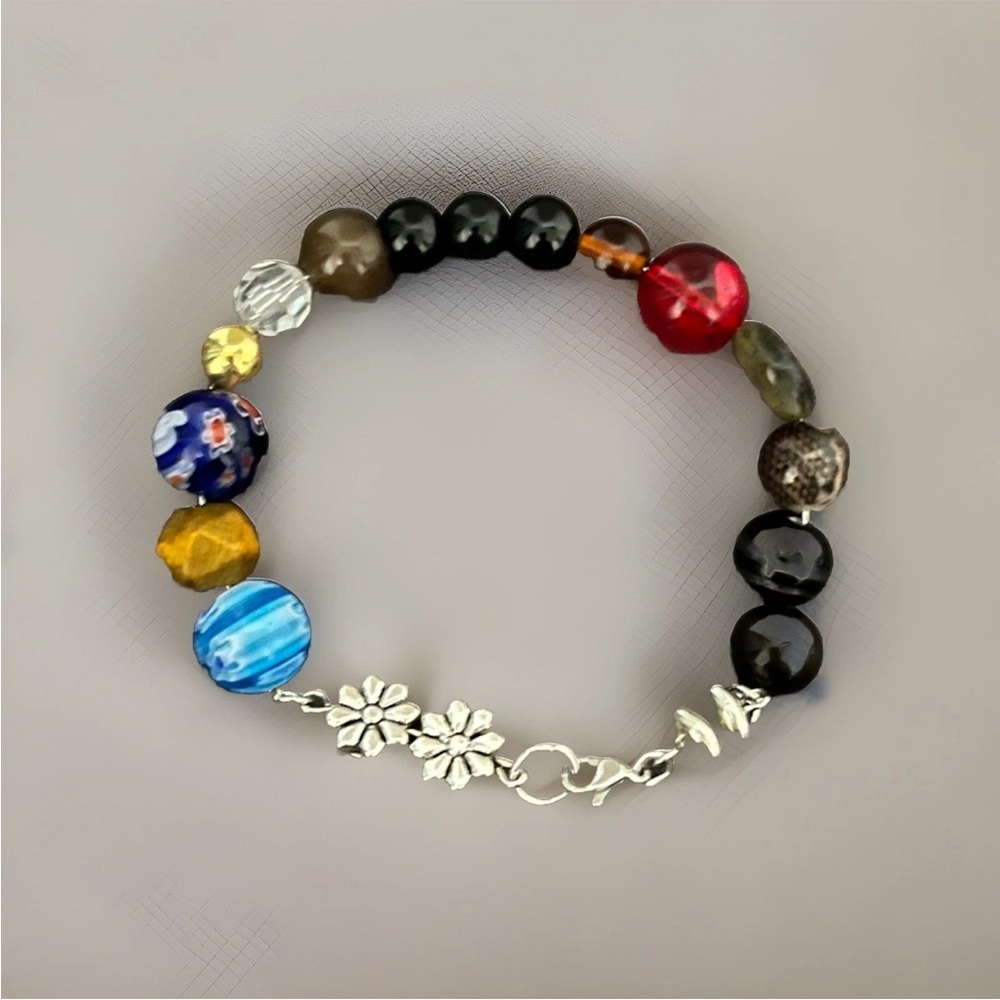 Multicoloured beaded wire bracelet with silver flower charms Handmade #festival - Picture 1 of 5